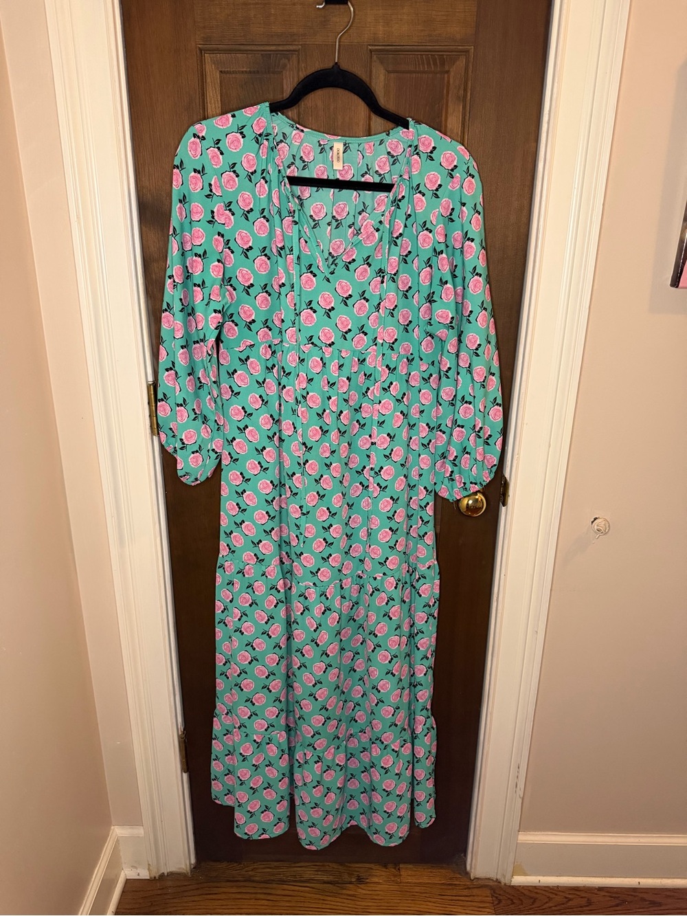 Dokotoo Mint Green Pink Rose Floral Tiered Babydoll Dress